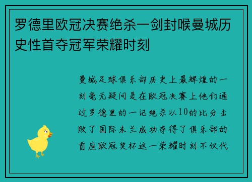 罗德里欧冠决赛绝杀一剑封喉曼城历史性首夺冠军荣耀时刻